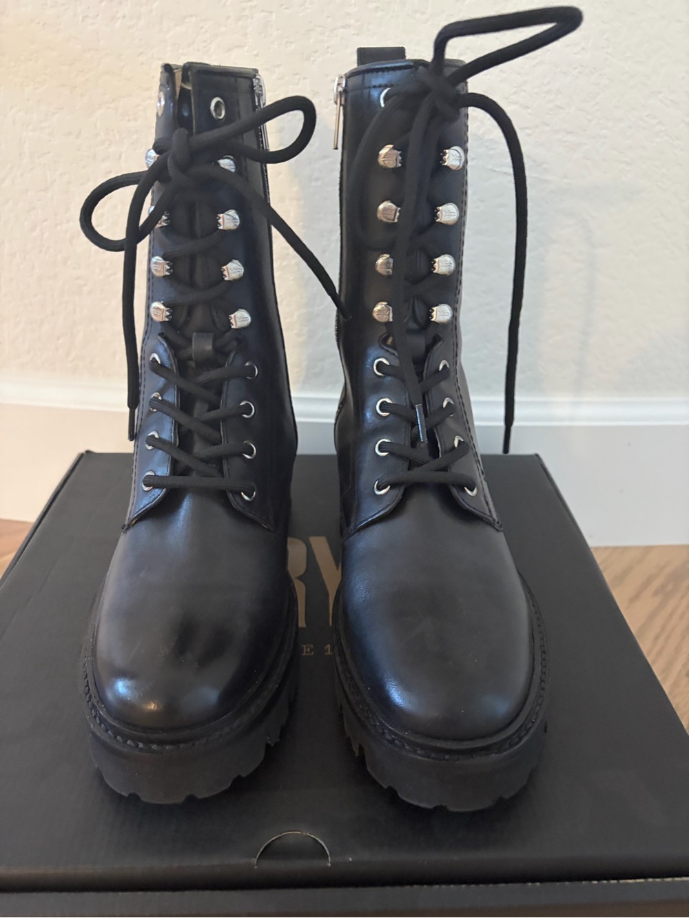 Frye Black Leather Lace-Up Lug Combat Boots
